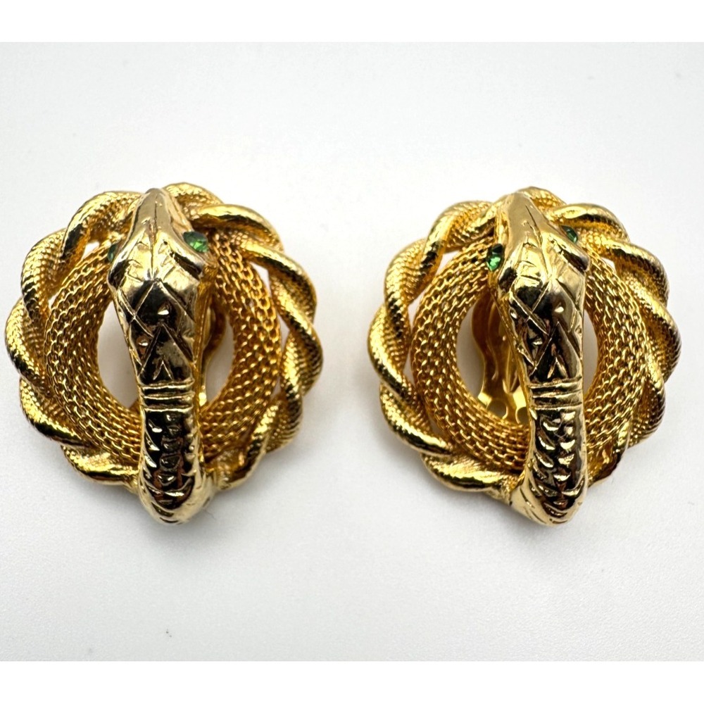 Vintage Attrib Whiting Davis Earrings Mesh Snake Door Knocker Clip On Green Eye